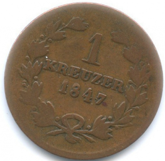 (1847) Монета Германия (Баден) 1847 год 1 крейцер &quot;Леопольд I&quot;  Медь  F
